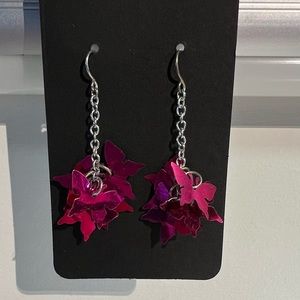 Silver chain and fuschia butterfly dangles